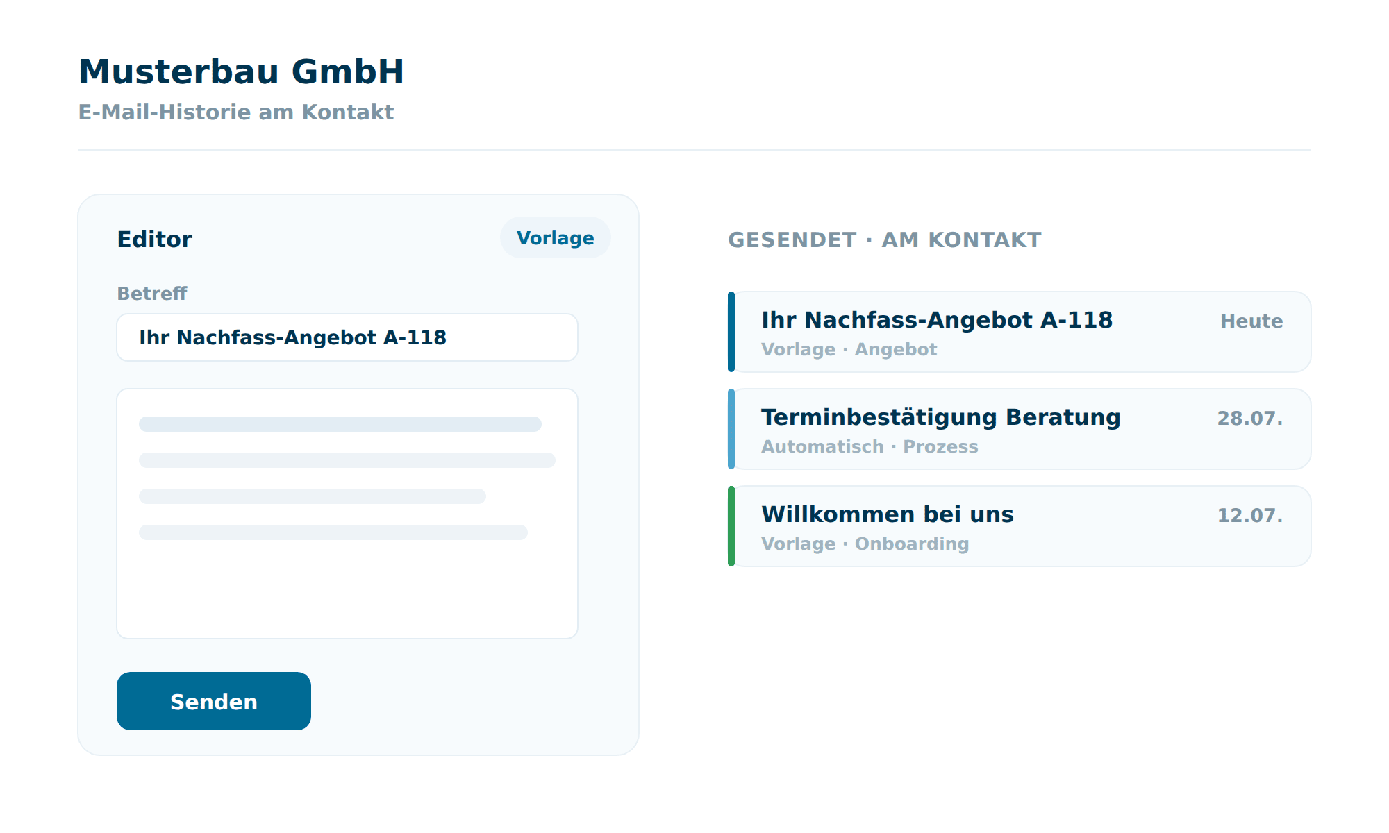 Die E-Mails in Octoserv: links der Editor mit Vorlage, Betreff und Textkörper, rechts die E-Mail-Historie am Kontakt mit gesendeten Nachrichten, Anlass und Datum