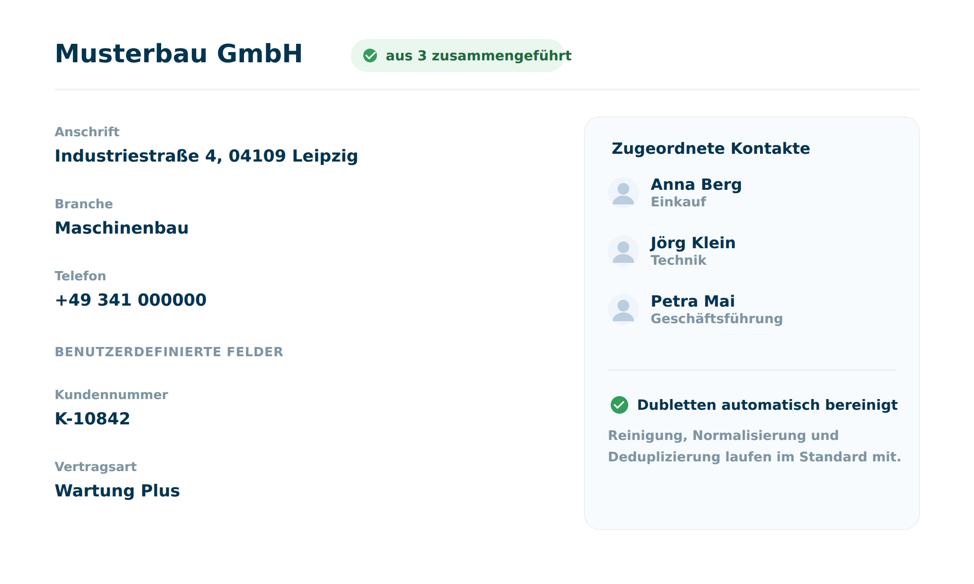 Die Firmen-Detailansicht in Octoserv: Musterbau GmbH mit Anschrift, Branche und benutzerdefinierten Feldern, daneben die zugeordneten Ansprechpartner und der Hinweis, dass Dubletten automatisch bereinigt wurden