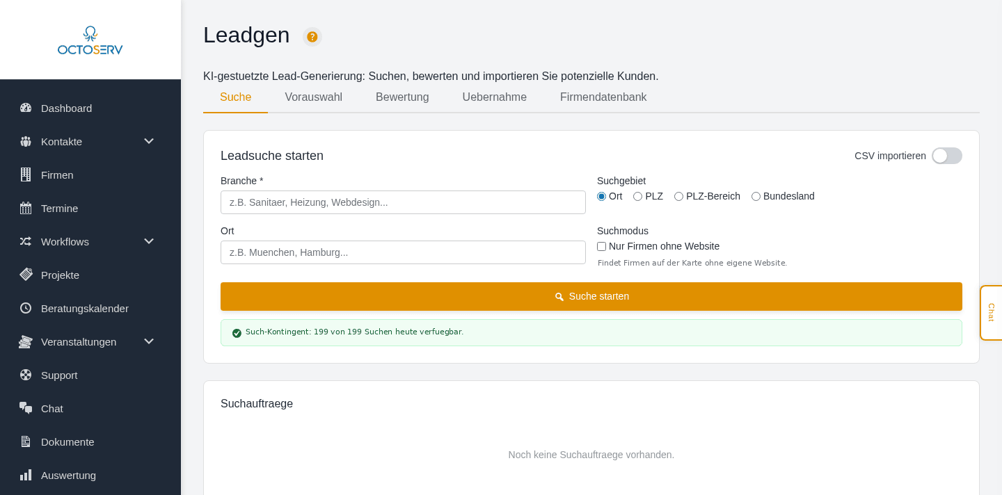 Die Lead-Generierung in Octoserv: Leadsuche nach Branche und Suchgebiet mit Stadt, PLZ, PLZ-Bereich oder Bundesland, Kontingentanzeige und einem Filter für Firmen ohne eigene Website