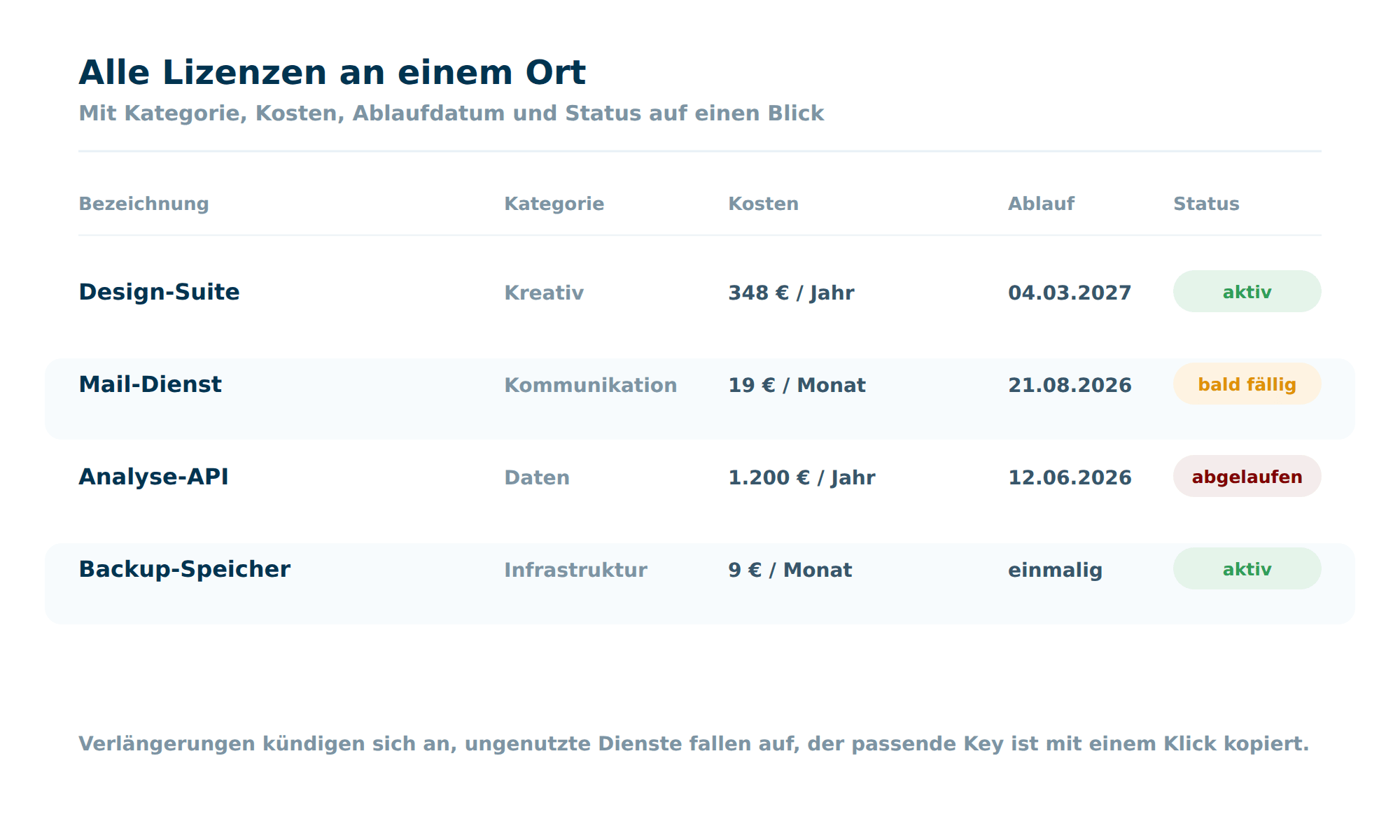 Ein Lizenzmanager in Octoserv mit einer Liste von Lizenzen samt Kategorie, Kosten, Ablaufdatum und farbigem Status von aktiv bis abgelaufen