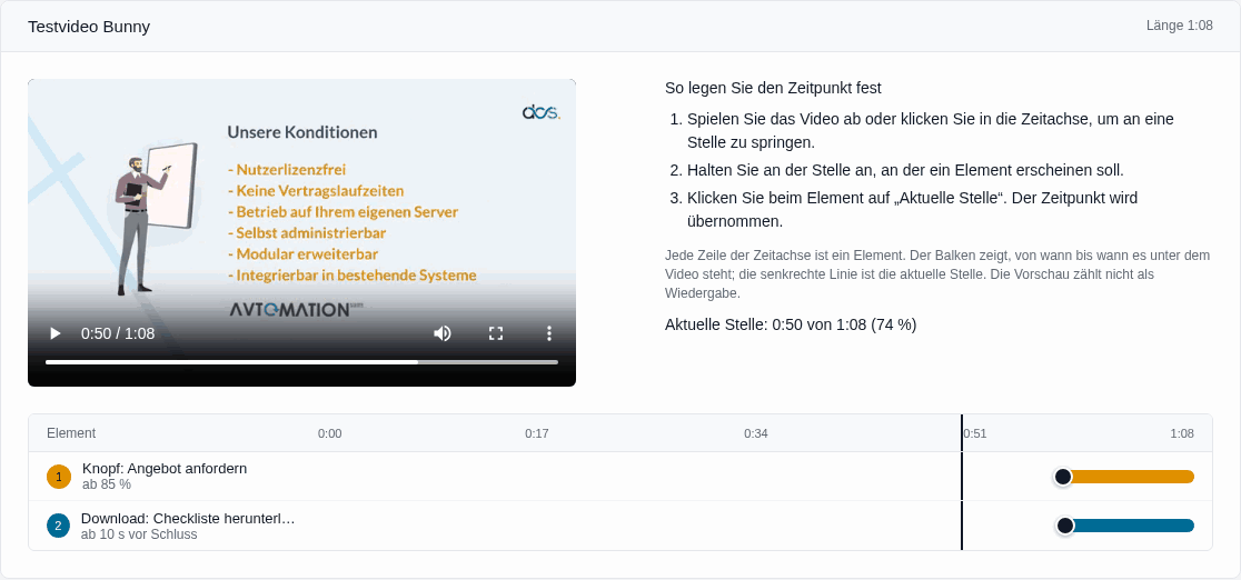 Der Editor in Octoserv: links die Vorschau des Videos, rechts die Erklärung, darunter die Zeitachse mit zwei Elementen und der Linie für die aktuelle Stelle.